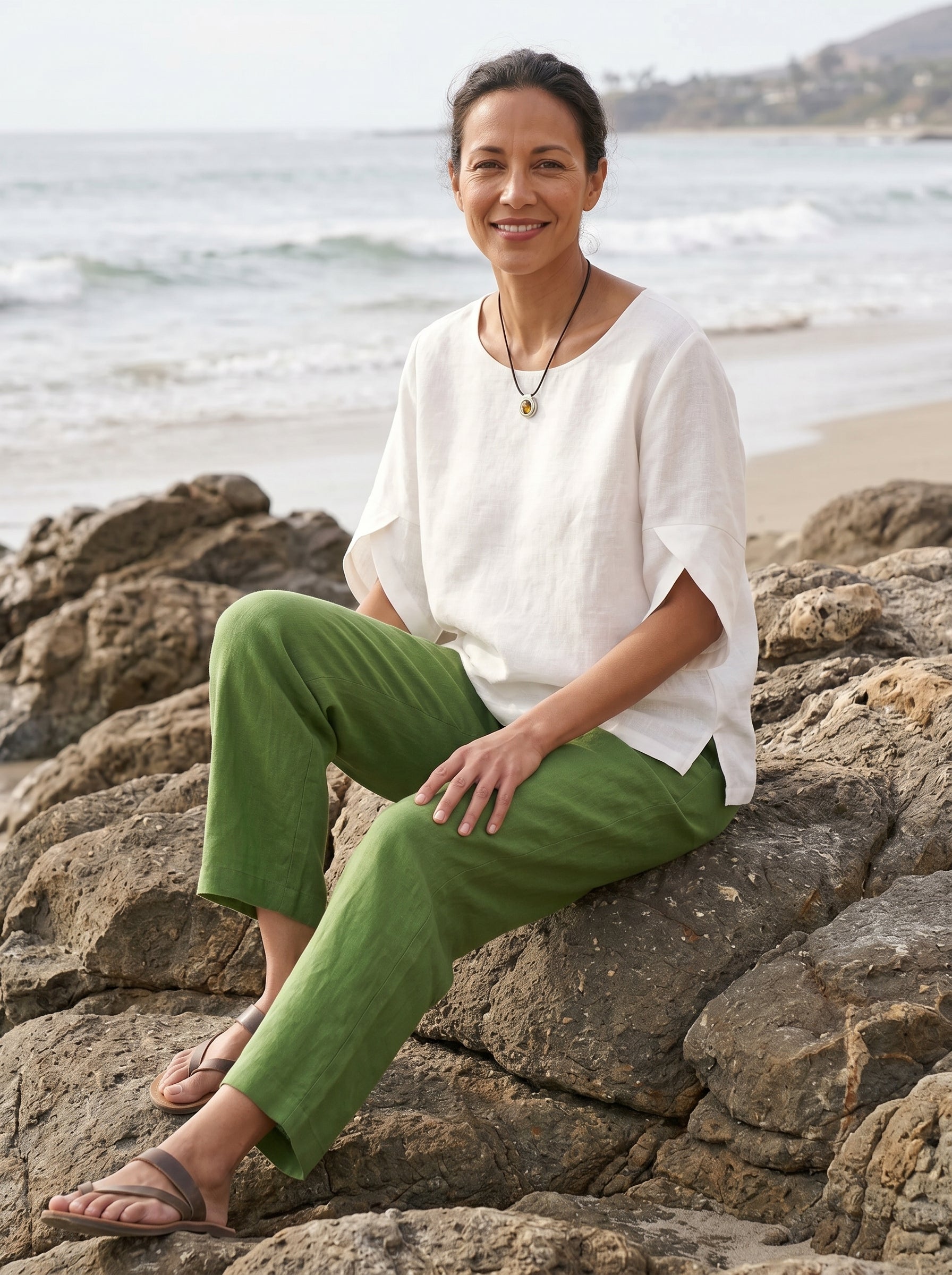 100% Linen Round Neck Petal-Sleeve Pullover LAUREL - Glamourous Grace
