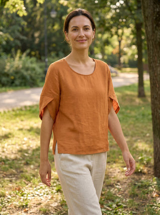 100% Linen Round Neck Petal-Sleeve Pullover LAUREL - Glamourous Grace