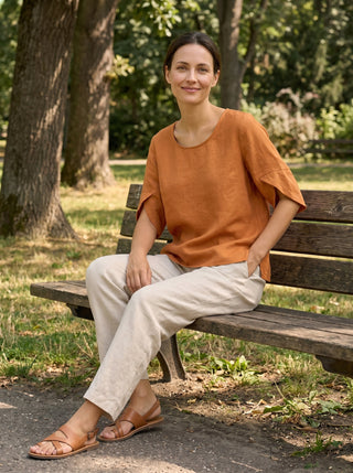 100% Linen Round Neck Petal-Sleeve Pullover LAUREL - Glamourous Grace