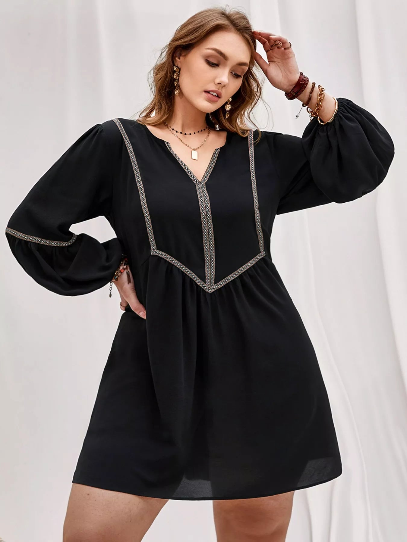 Plus Size Notched Balloon Sleeve Mini Dress - Glamourous Grace