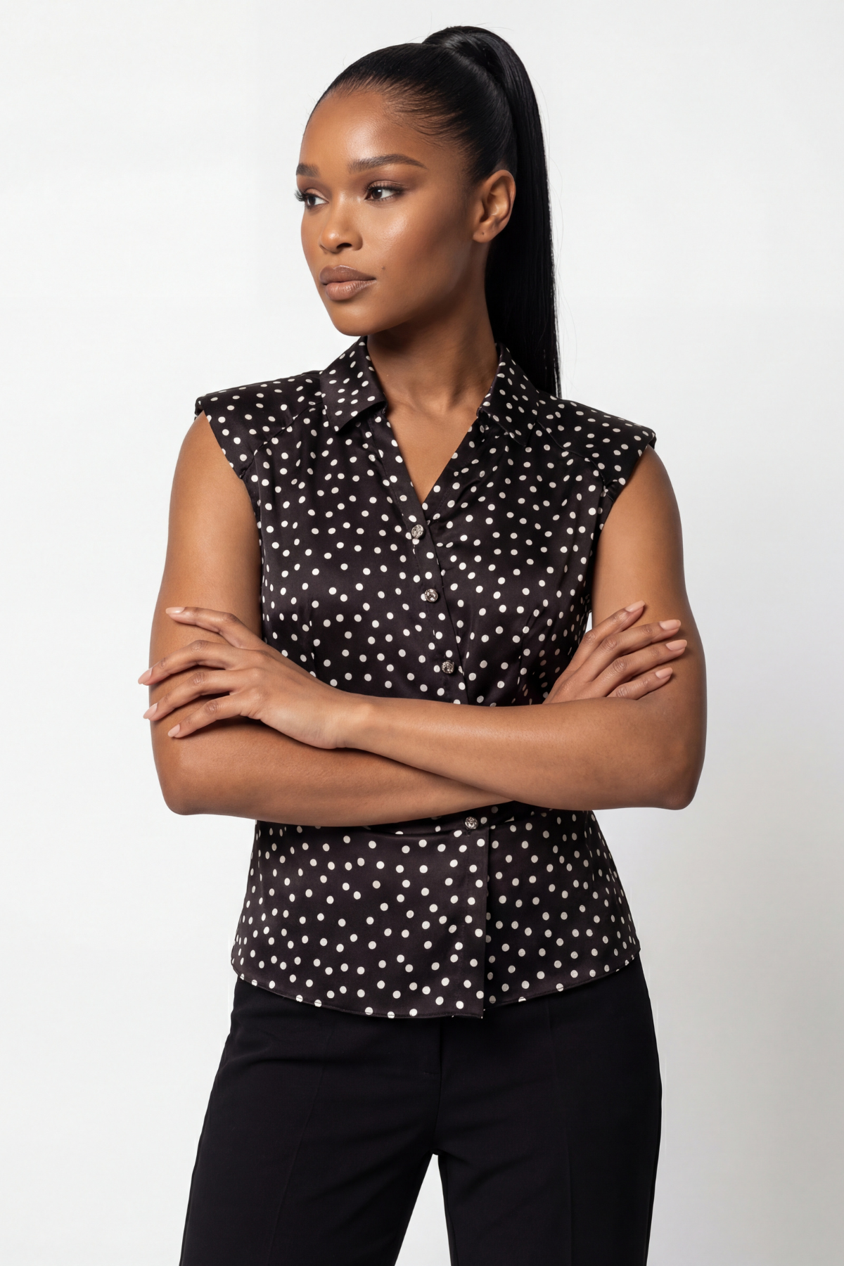 Black Polka Dot Satin Blouse, Talia