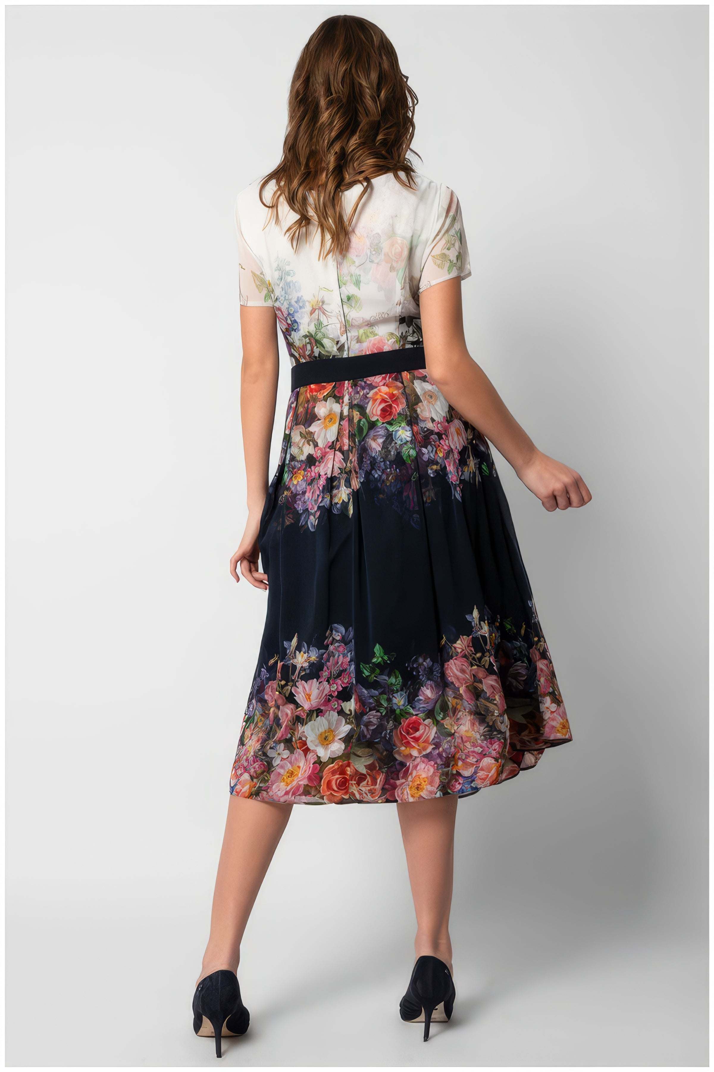 Navy Floral Elegant Midi Dress, Julia