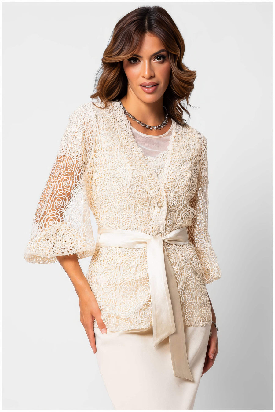 Ivory Lace Belted Sweater, Jody - Glamourous Grace