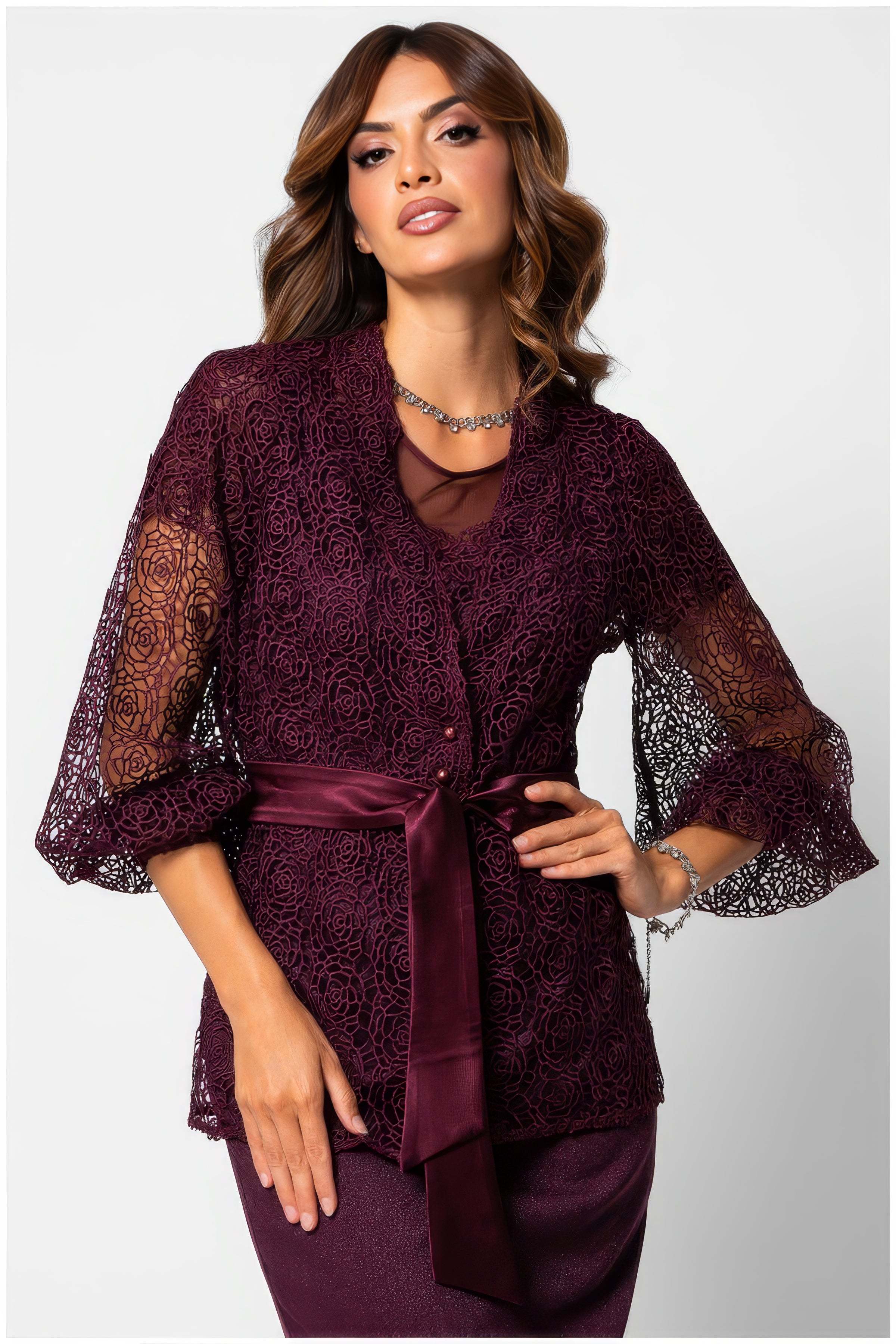 Burgundy Lace Belted Sweater, Jody