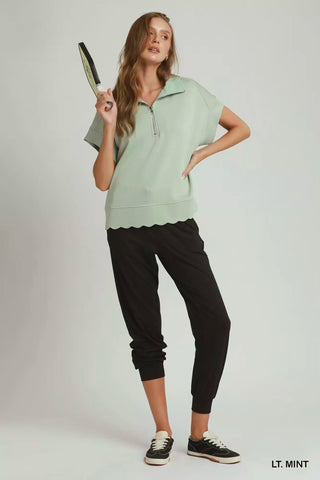 Umgee Half Zip Pullover with Scalloped Edge Hem - Glamourous Grace
