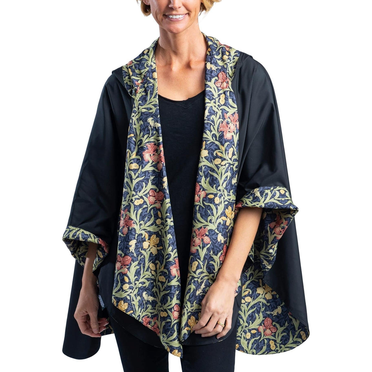 William Morris Golden Flowers & Black Womens Rain Cape - Rainproof Breathable Rain Poncho