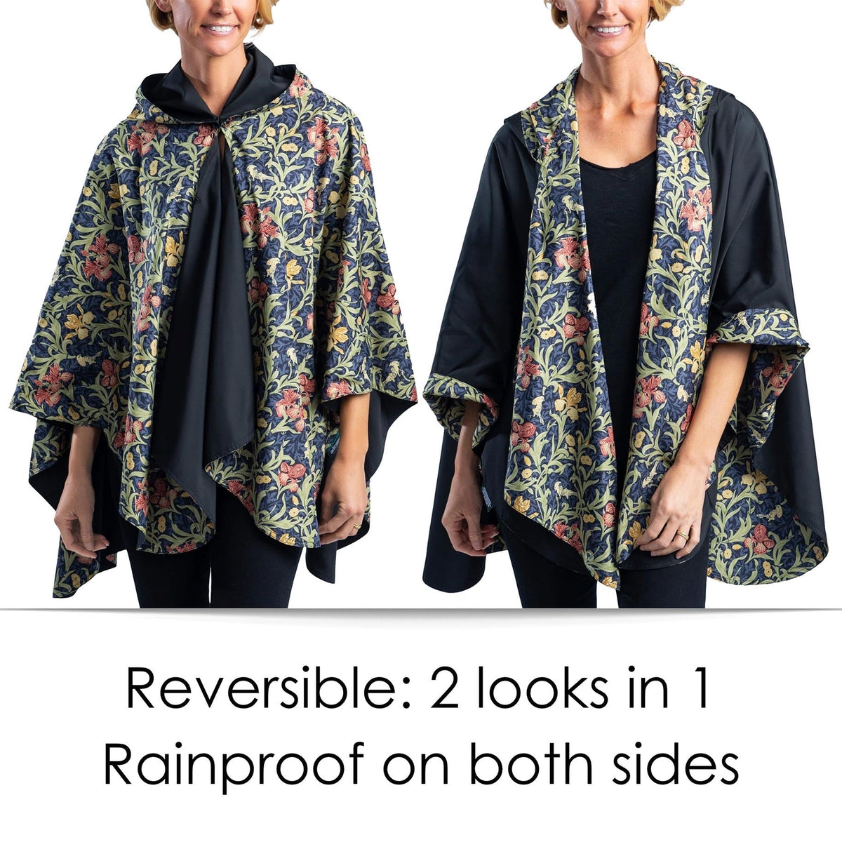 William Morris Golden Flowers & Black Womens Rain Cape - Rainproof Breathable Rain Poncho
