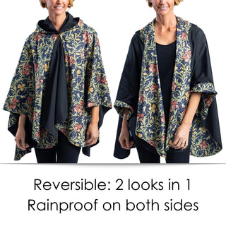 William Morris Golden Flowers & Black Womens Rain Cape - Rainproof Breathable Rain Poncho