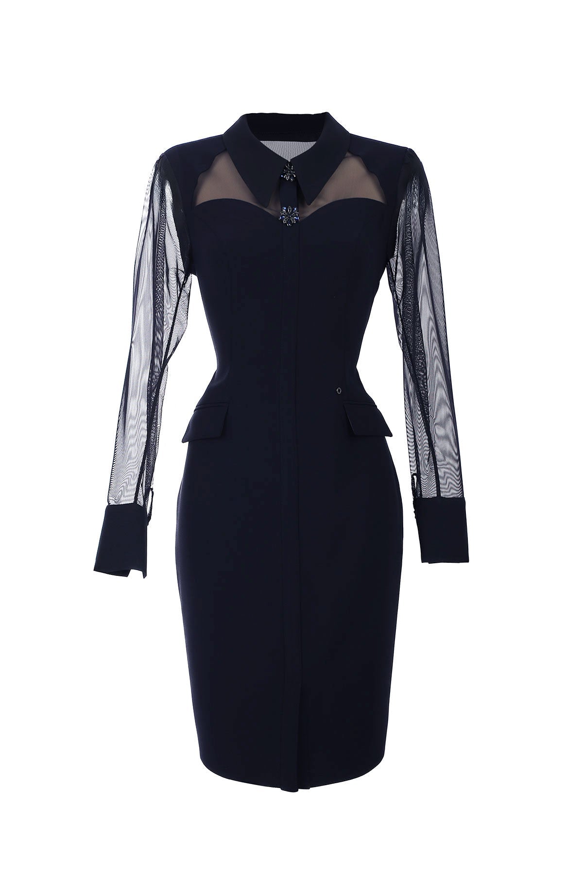 Navy Illusion Sleeve Sheath Dress, Lucy