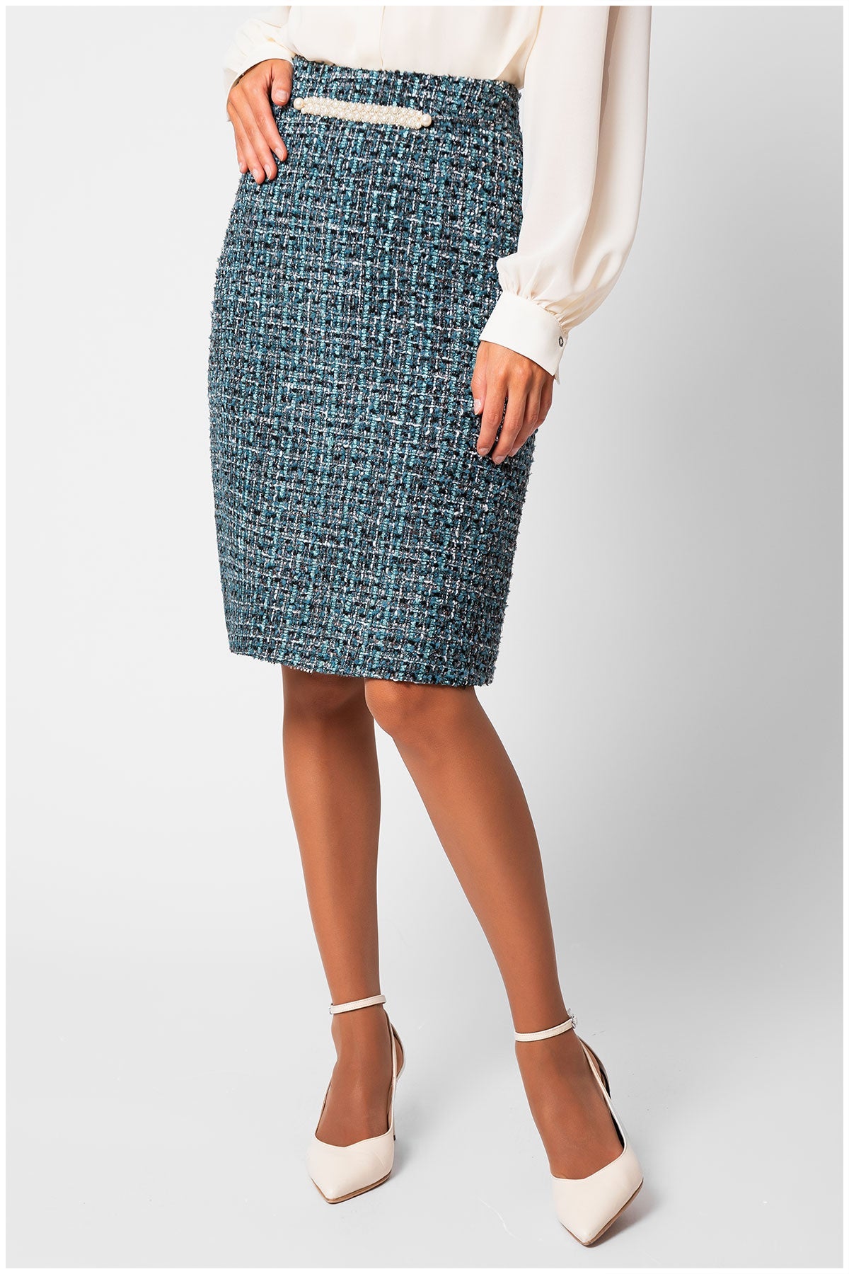 Teal A-Line Tweed Skirt with Pearl Detail, Donna