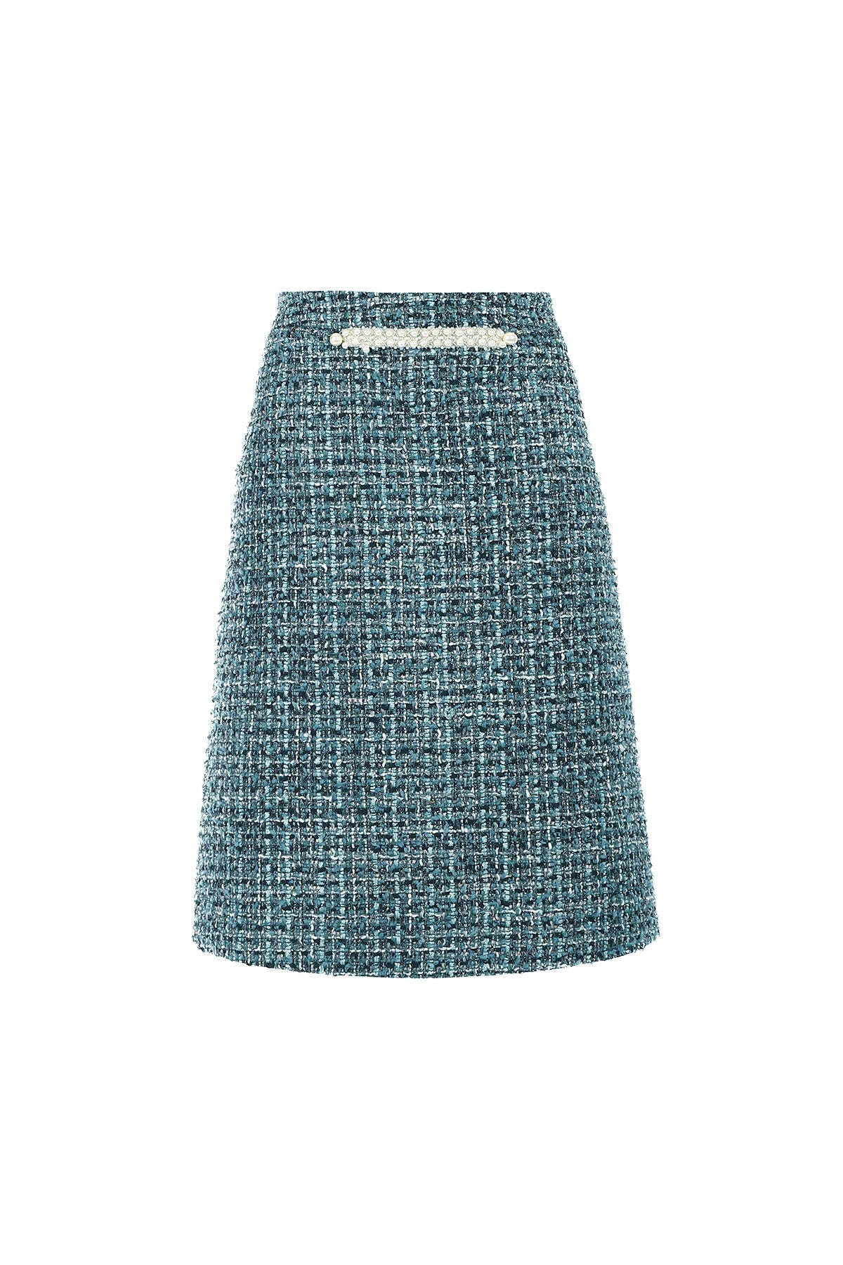 Teal A-Line Tweed Skirt with Pearl Detail, Donna