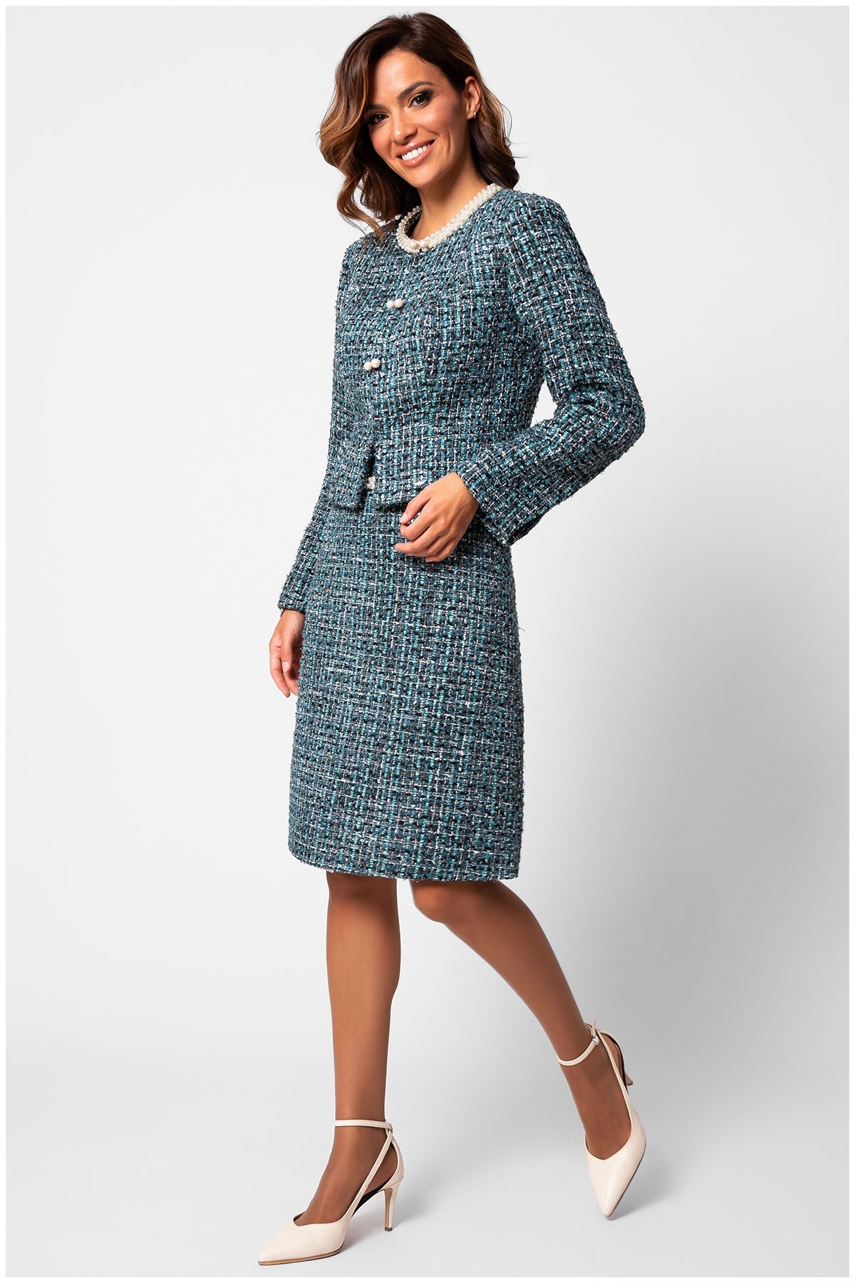 Teal A-Line Tweed Skirt with Pearl Detail, Donna