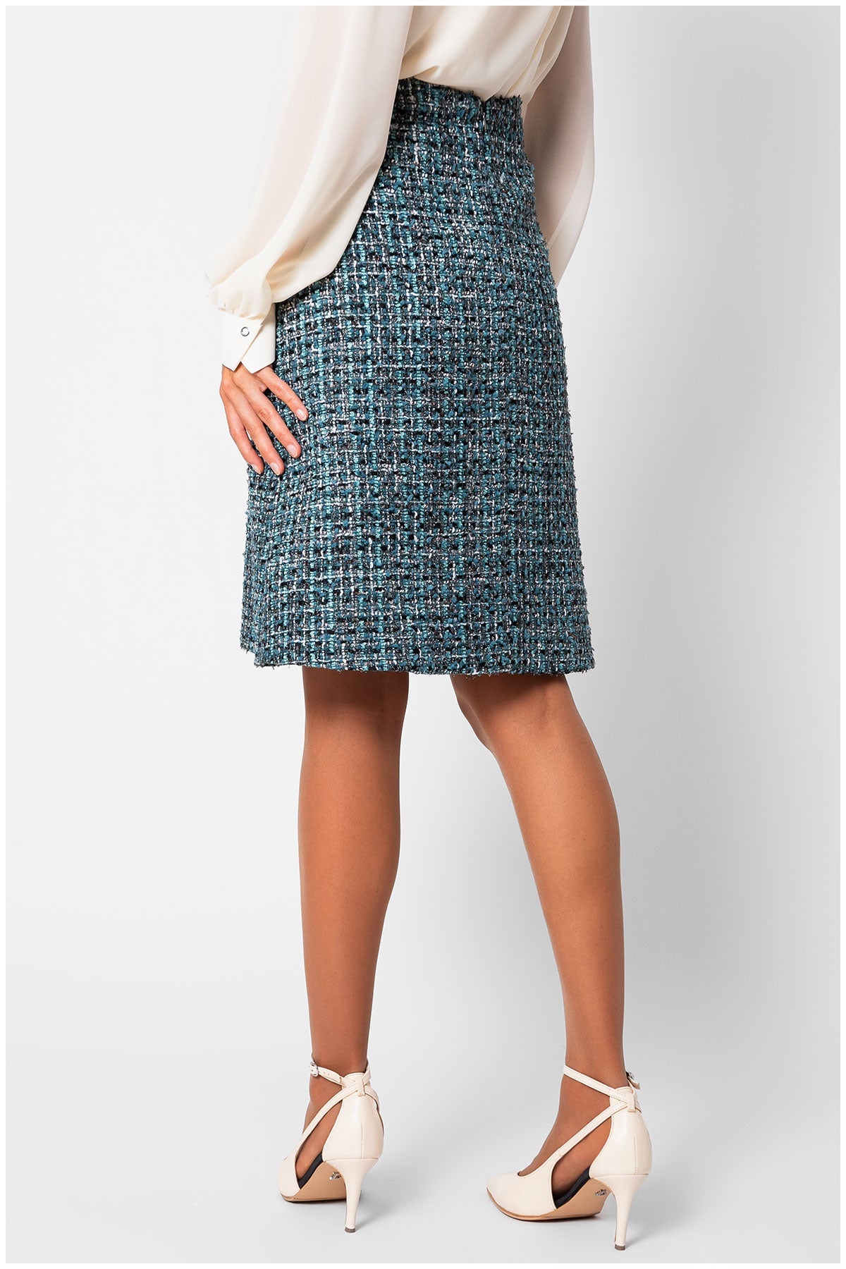 Teal A-Line Tweed Skirt with Pearl Detail, Donna