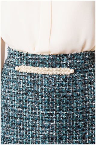 Teal A-Line Tweed Skirt with Pearl Detail, Donna