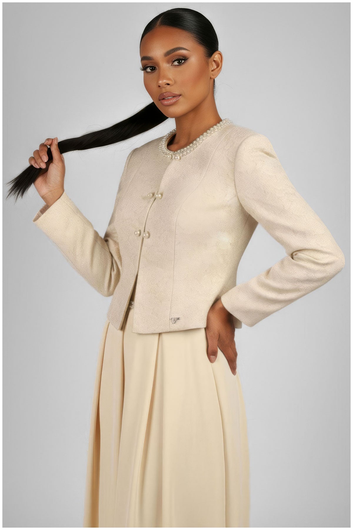 Ivory Jacquard Blazer with Pearl Details, Rhea