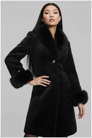 Black Textured Coat with Faux Fur Collar and Cuffs, Paula
