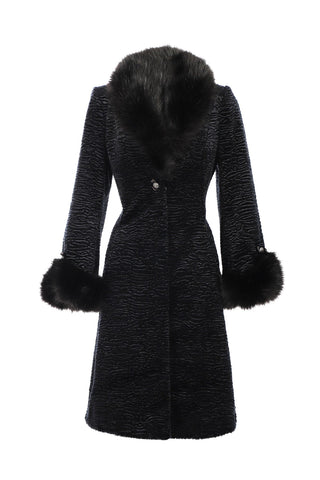 Black Textured Coat with Faux Fur Collar and Cuffs, Paula