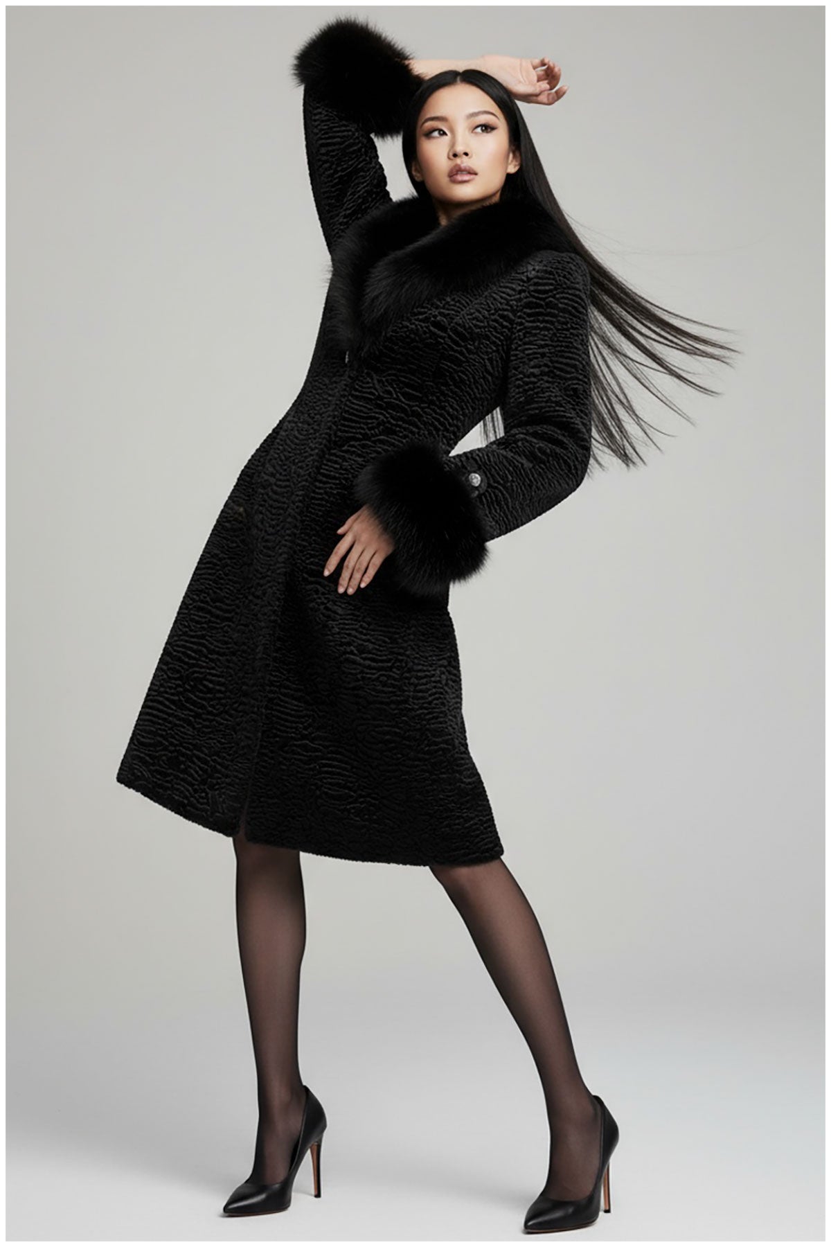 Black Textured Coat with Faux Fur Collar and Cuffs, Paula