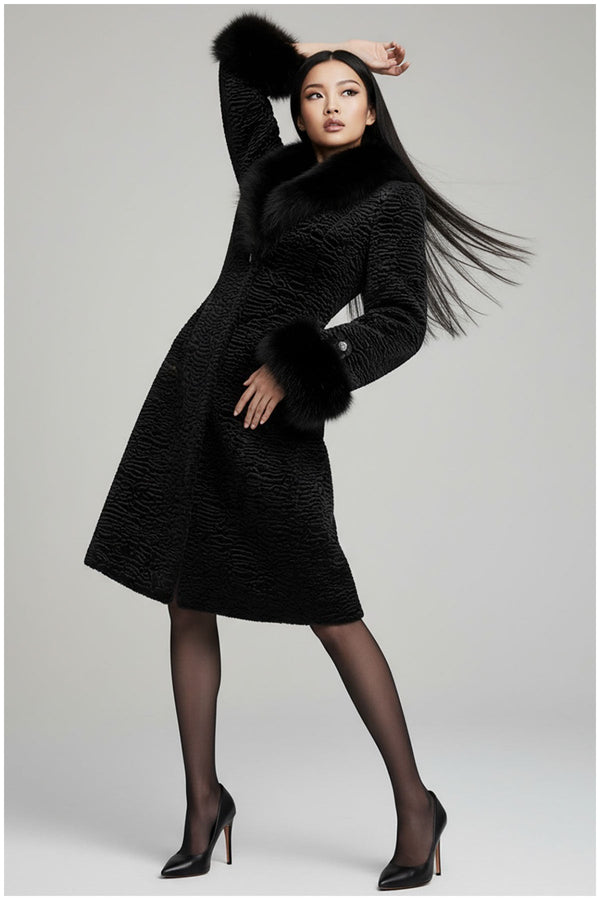 Black Textured Coat with Faux Fur Collar and Cuffs, Paula - Glamourous Grace