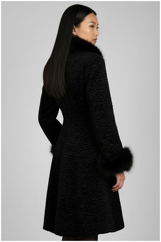 Black Textured Coat with Faux Fur Collar and Cuffs, Paula