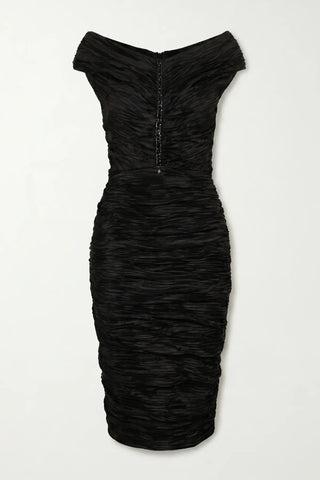 Black Ruched Off-Shoulder Midi Dress, Lina