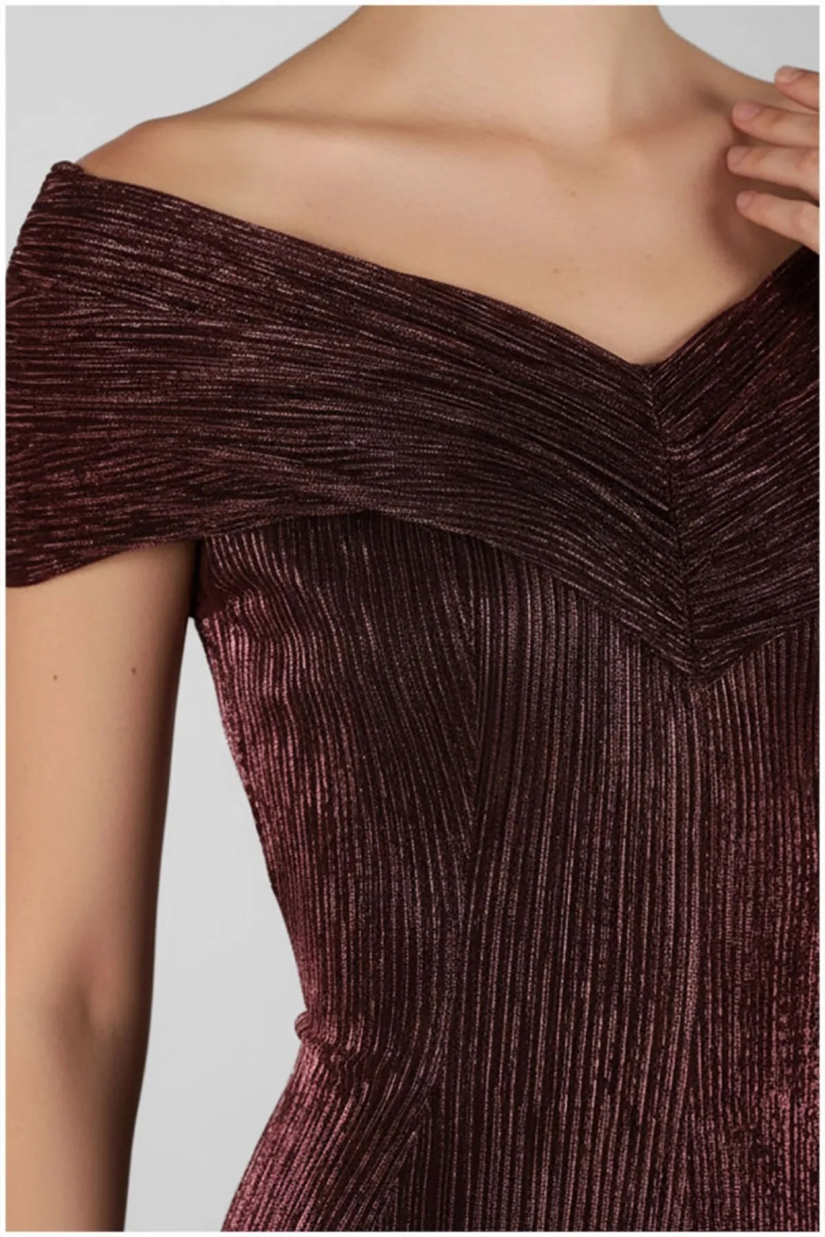 Burgundy Off-Shoulder Metallic Gown, Alis