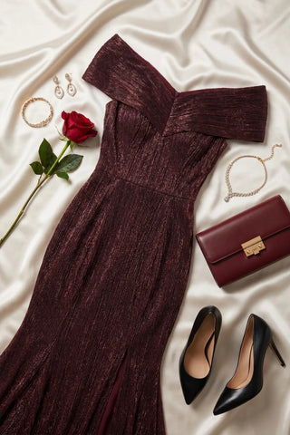 Burgundy Off-Shoulder Metallic Gown, Alis
