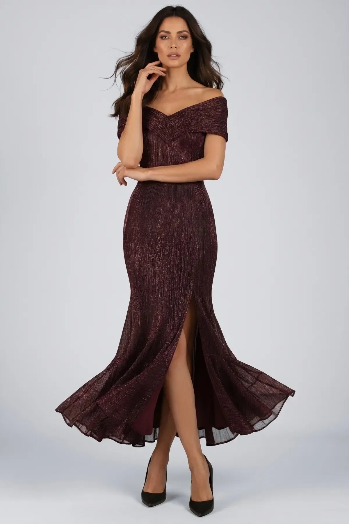 Burgundy Off-Shoulder Metallic Gown, Alis