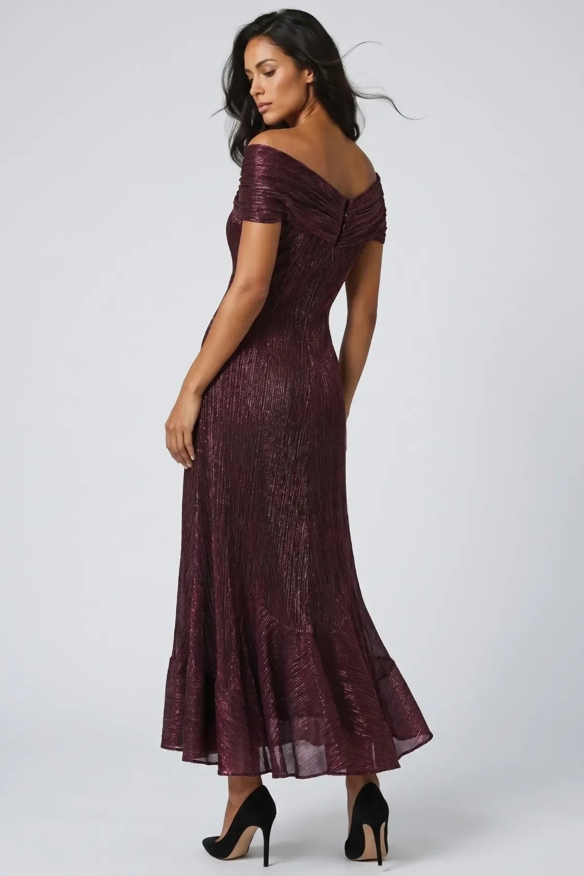 Burgundy Off-Shoulder Metallic Gown, Alis