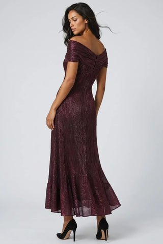 Burgundy Off-Shoulder Metallic Gown, Alis