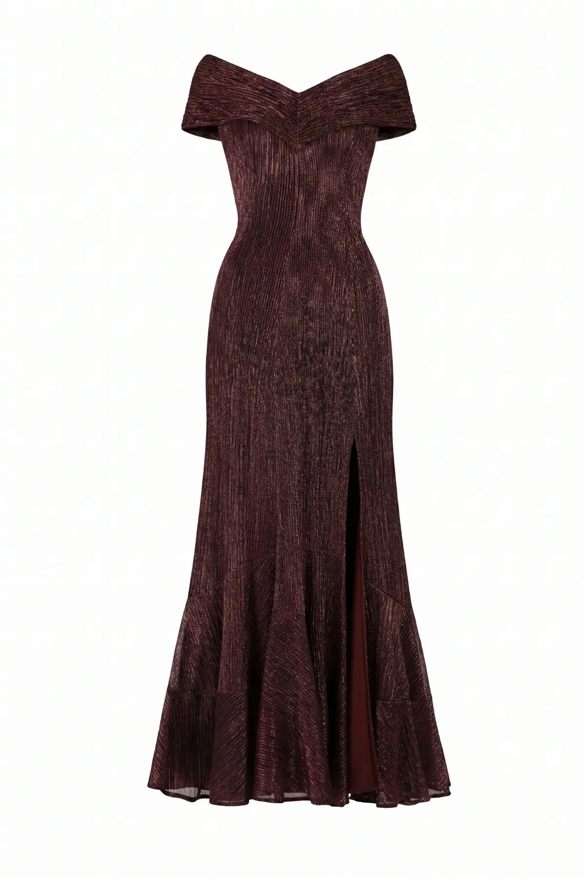 Burgundy Off-Shoulder Metallic Gown, Alis