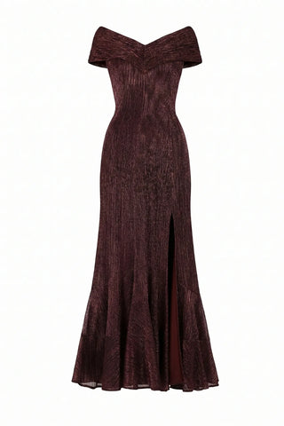 Burgundy Off-Shoulder Metallic Gown, Alis