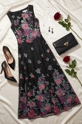 Black Cyclamen Floral Maxi Dress, Rina