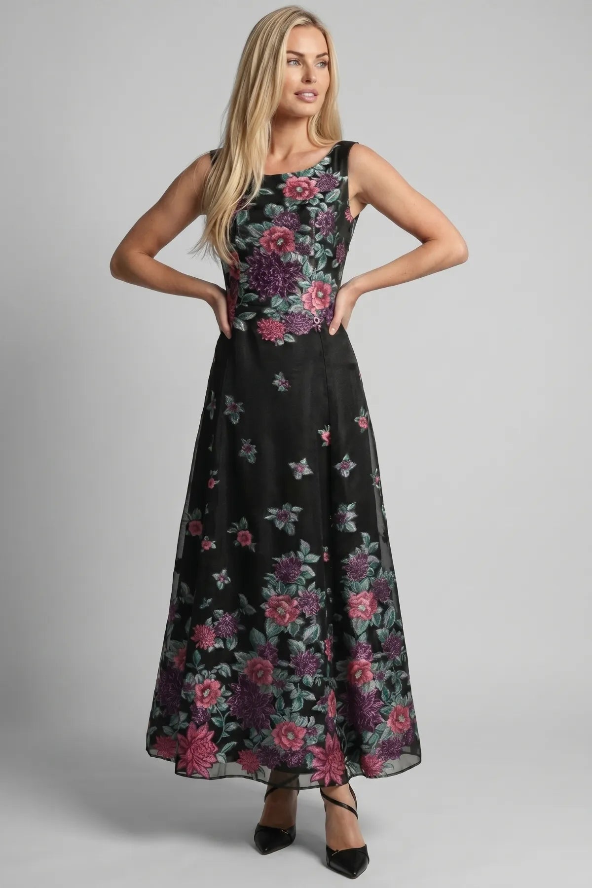Black Cyclamen Floral Maxi Dress, Rina