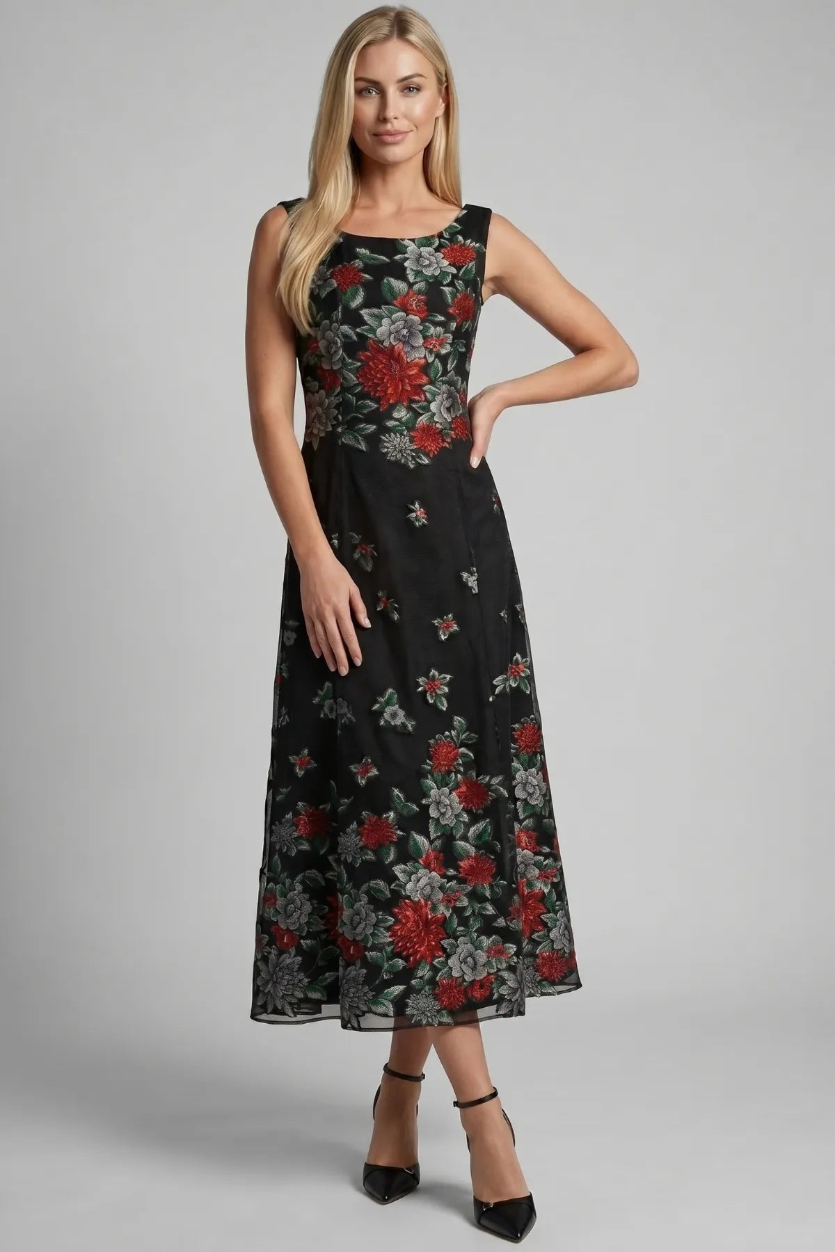 Black Red Floral Maxi Dress, Rina