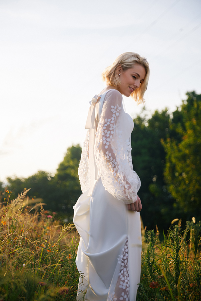 Minimalist Square Neck Wedding Dress with Sheer Embroidered Sleeves – Modern Bridal Elegance - Glamourous Grace