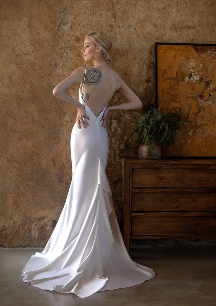 Romantic Draped Cowl Neck Satin Wedding Dress with Low Back and Train - Glamourous Grace