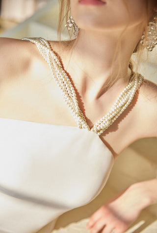 Pearl Strap Halter Satin Wedding Dress with Dramatic Back Bow and Train - Glamourous Grace