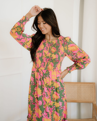 Tinsley Floral Puff Sleeve Smocked Bodice Frill Tiered Dress - Glamourous Grace