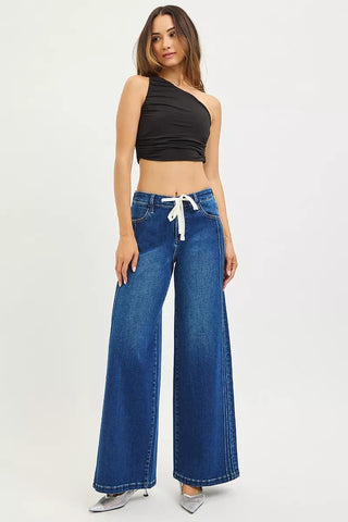RISEN Full Size Mid Rise Wide Side Pintuck Jeans with Front Drawstring