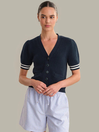 Reagan Puff Sleeve Dark Blue Cardigan - Glamourous Grace