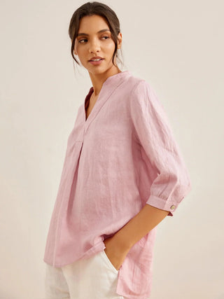 LINTICO Joanna 100% linen dress shirt, lightweight blouse with classic collar and button-front, natural beige color.