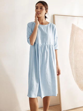 LINTICO 100% linen A-line midi dress with a flowy silhouette, in a soft neutral color, perfect for casual and summer wear.