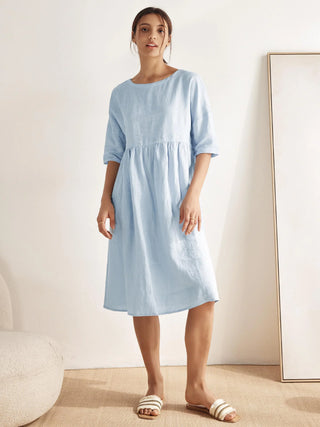 LINTICO 100% linen A-line midi dress with a flowy silhouette and V-neck, perfect for casual or summer wear.