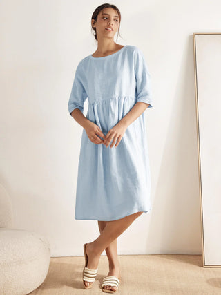 LINTICO 100% linen A-line midi dress in Valencia color, featuring a flowy silhouette and lightweight fabric, perfect for summer wear.