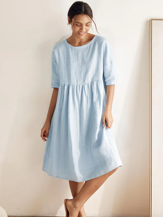 LINTICO 100% linen A-line midi dress in Valencia color, featuring a flowing silhouette and breathable fabric.