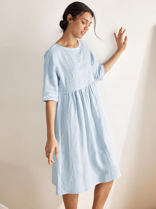 LINTICO 100% linen A-line midi dress in Valencia color, lightweight and flowy, perfect for casual or summer wear.
