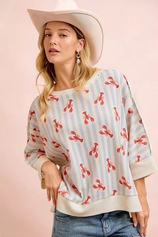 BiBi 4th Of July Lobsters Stripe Waffle Knit Sleeve Top - Glamourous Grace
