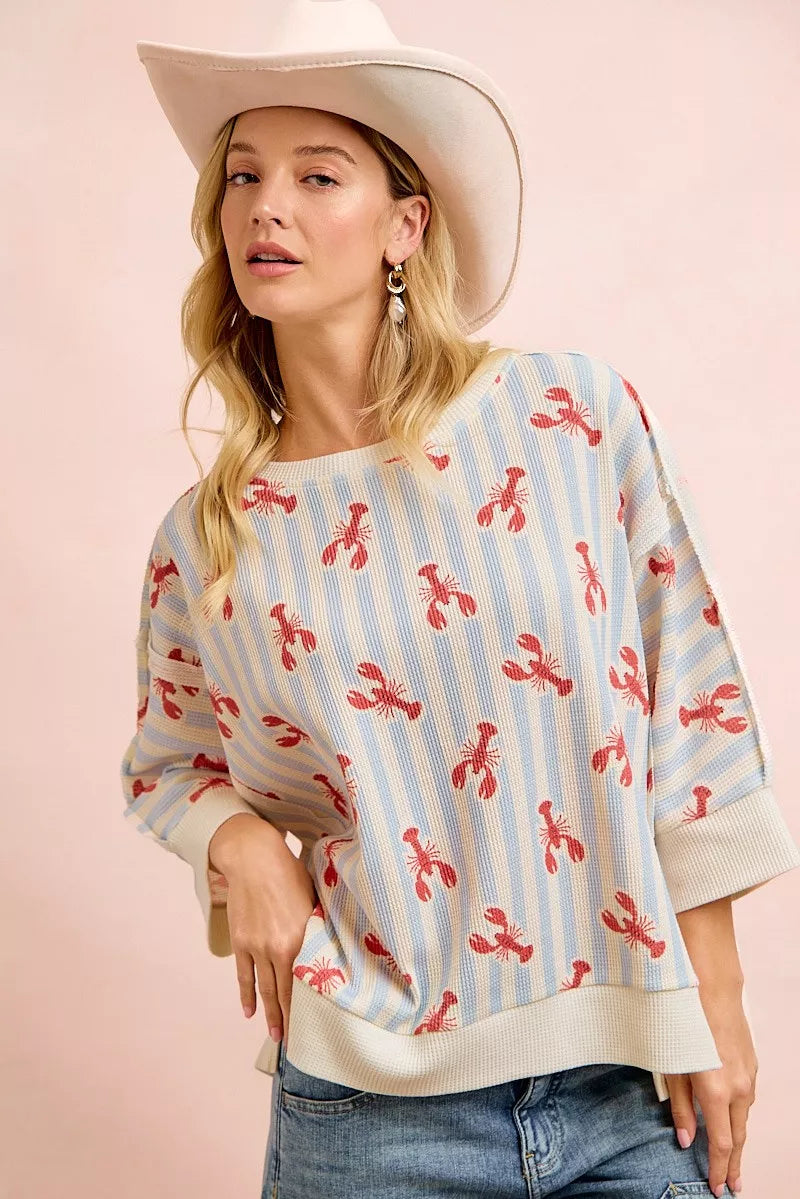 BiBi 4th Of July Lobsters Stripe Waffle Knit Sleeve Top - Glamourous Grace