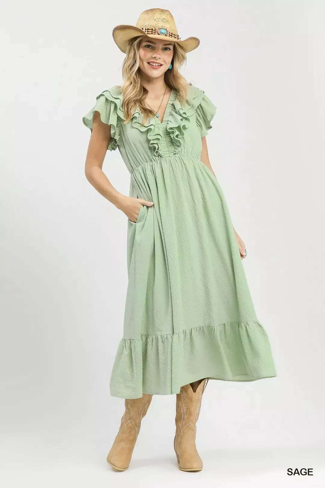 Umgee Textured Ruffle Midi Dress - Glamourous Grace